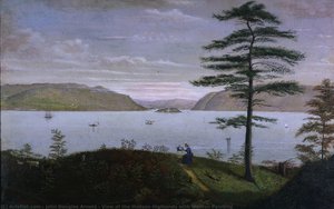 View Of The Hudson Highlands With Woman Painting — John Douglas Arnold, Hudson River School