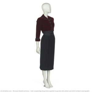 Suit Comprising Long Bolero Jacket In Garnet Silk Velvet And Skirt In Black Wool Poplin — Norman David Levinson, Mid-century Modern