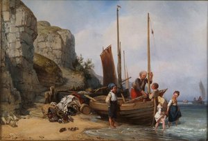 Pêcheur et ses enfants sur la plage près de Villerville