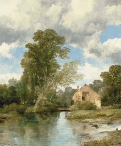 A Wooded River Landscape With Figures On A Bridge By A Watermill — Frederick Richard Lee