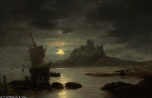 Bamburgh castle by moonlight, with figures and boats in the foreground
