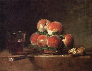 Basket Of Peaches, With Walnuts, Knife And Glass Of Wine — Jean-baptiste-siméon Chardin