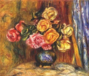 Roses In Front Of A Blue Curtain — Pierre-auguste Renoir, Impressionism