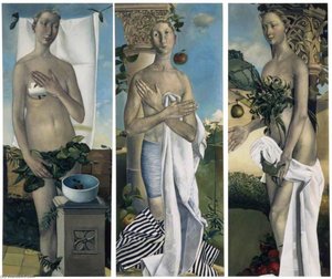 Cherries, Forbidden Fruit And Pear In A Landscape (triptych) — Alison Watt