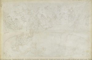 La Divina Commedia, Inferno Xvii. Vergil And Dante In The Seventh Circle Of Hell, Third Zone: Those Who Have Committed Violence Against The Divine Order In The Desert Of Flames, Punishment Of Usurers; Flying Into The Depths On Geryon — Sandro Botticelli, Early Renaissance