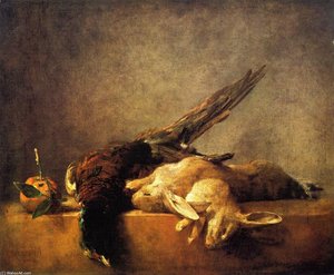 Two Rabbits, A Pheasant And A Seville Orange On A Stone Ledge — Jean-baptiste-siméon Chardin