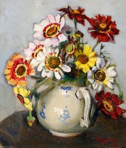 Summer Chrysanthemums in a Blue Flowered Jug