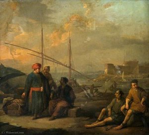 A Harbour, With Figures In Oriental Costume — Johannes Lingelbach