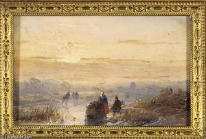 Figures On The Ice At Dusk — Andreas Schelfhout