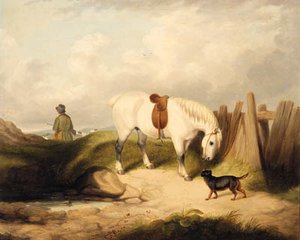 A Gamekeeper With A Grey Pony And A Dog In A Landscape — Abraham Cooper