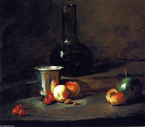 Carafe Of Wine, Silver Goblet, Five Cherries, Two Peaches, An Apricot And A Green Apple — Jean-baptiste-siméon Chardin, Rococo