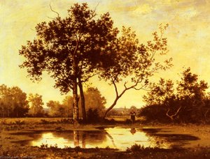 Figure Beside A Pool In A Wooded Landscape — Leon Richet