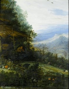 A mountainous landscape with a figure reading before a cottage