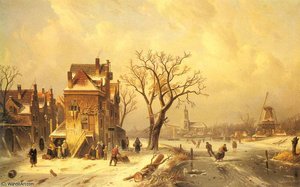 Skaters In A Frozen Winter Landscape — Charles Henri Joseph Leickert