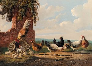 Rooster And Chickens In A Landscape By A Ruin; And Rooster And Chickens By A Ruin — Albertus Verhoesen