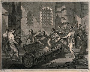 A screaming young woman is forced by soldiers into a 'iron coffin of Lissa'.