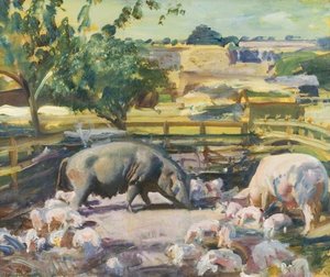 Sow And Pigs, Great Thurlow, Suffolk — Sir Alfred James Munnings