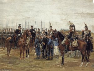 A french cavalry officer guarding captured bavarian soldiers