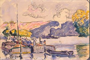 Two Barges, Boat, And Tugboat In Samois — Paul Signac