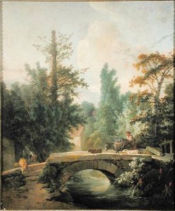 Peasant And Her Donkey Crossing A Bridge — Jean Baptiste Huet