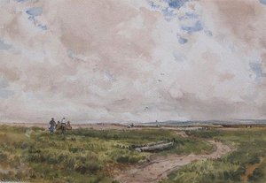 An Extensive Moorland Landscape With Figures Near A Track