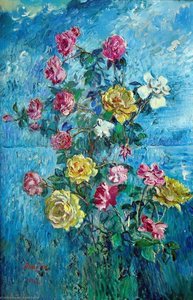 Roses With Blue Background — David Davidovich Burliuk