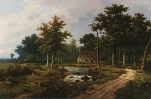 Fishing In A Forest Stream — Hendrik Pieter Koekkoek