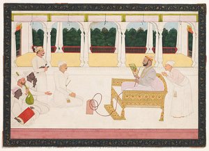 Raja Balwant Singh of Jasrota Viewing a Painting Presented by the Artist, Presumably Nainsukh