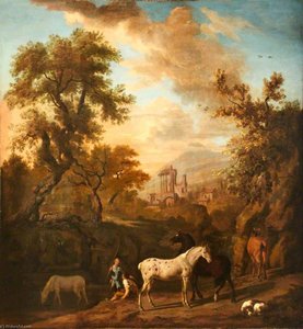 Landscape With Figures, Horses And A Dog, And Ruins In The Distance — Dirck Van Den Bergen