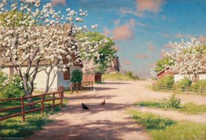 Farm With Blooming Apple Trees And Windmill — Johan Krouthén