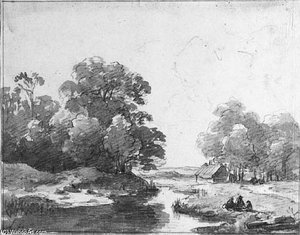 A Wooded Landscape With Figures Resting By A Pond, A Farm Beyond — Andreas Schelfhout