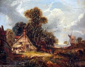 East Anglian Landscape With Figures By A Cottage, Windmill Beyond — Paul Jones