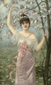 Junge Frau Bei Einem Bluehendem Kirschbaum — Emile Eisman Semenovsky