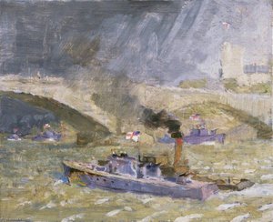 Wartime Traffic On The River Thames Upriver Repairs After The Dieppe Raid — John Edgar Platt, Impressionism