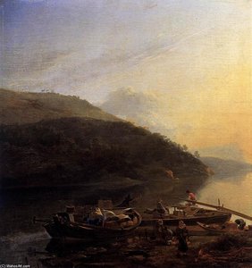 River Scene with Loaded Barges