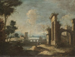 An Italianate River Landscape With Pastoral Figures Amongst Classical Ruins — Antonio Stom, Baroque