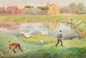 Church And Lake With Swans — John Thomas Whormsley