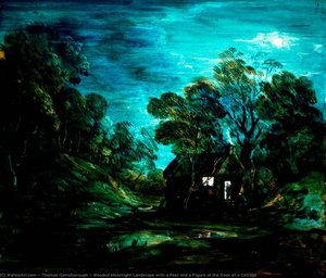 Wooded Moonlight Landscape With A Pool And A Figure At The Door Of A Cottage — Thomas Gainsborough, Baroque Landscape