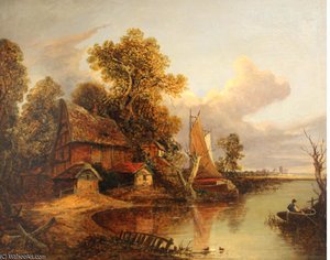 A Cottage By A River With Boats And Figures — Paul Jones