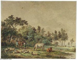 A Wooded Landscape With Peasants And Cattle By A Farm — Pieter Gerardus Van Os