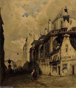 A horseman riding down a continental street
