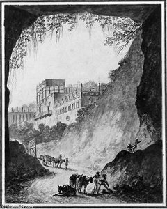Workers And Donkeys By A Cave, A Castle In The Background — Claude Louis Chatelet