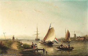 A River Scene With Sailing Vessels And Figures On A Riverbank — Nicolaas Riegen, Dutch Golden Age