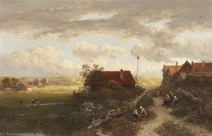 A Summer Landscape With Villagers On A Path And Woman Doing Laundry — Salomon Leonardus Verveer