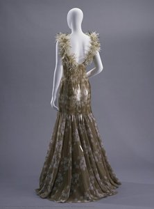 Beige chiffon evening dress with apple blossoms