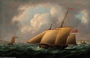An Armed Naval Lugger Patrolling Off The Mouth Of The Tagus With The Belem Tower In The Far Distance Off Her Starboard Bow — Thomas Buttersworth, Neoclassicism