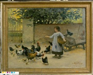 Little girl feeding chickens