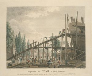 Preparation For War To Defend Commerce. The Swedish Church Southwark With The Building Of The Frigate Philadelphia — Thomas Birch