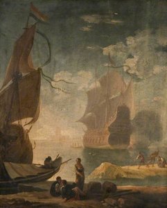 Harbour Scene With Man Of War And Figures On A Quay — Claude-joseph Vernet