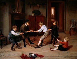 A Group Of Children Playing At 'tug Of War' In A Domestic Interior — Harry Brooker
